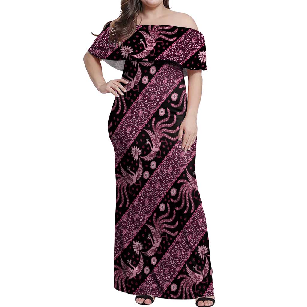 Indonesia Batik Pattern Off Shoulder Maxi Dress Pink Version