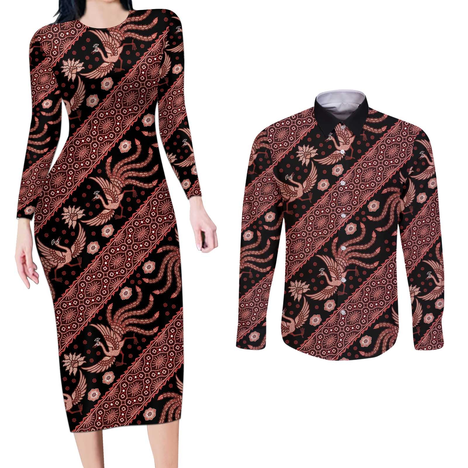 Indonesia Batik Pattern Couples Matching Long Sleeve Bodycon Dress and Long Sleeve Button Shirt Red Version