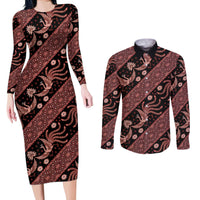Indonesia Batik Pattern Couples Matching Long Sleeve Bodycon Dress and Long Sleeve Button Shirt Red Version