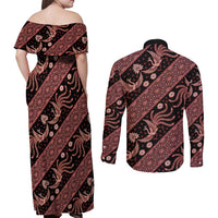 Indonesia Batik Pattern Couples Matching Off Shoulder Maxi Dress and Long Sleeve Button Shirt Red Version
