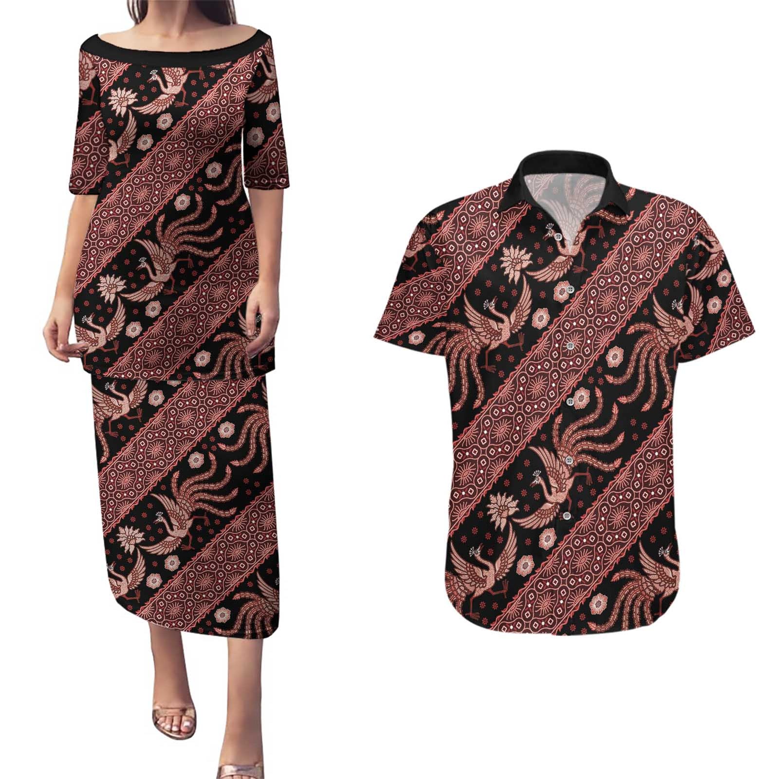 Indonesia Batik Pattern Couples Matching Puletasi and Hawaiian Shirt Red Version