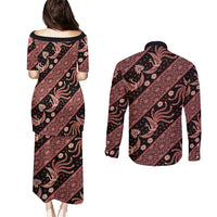 Indonesia Batik Pattern Couples Matching Puletasi and Long Sleeve Button Shirt Red Version