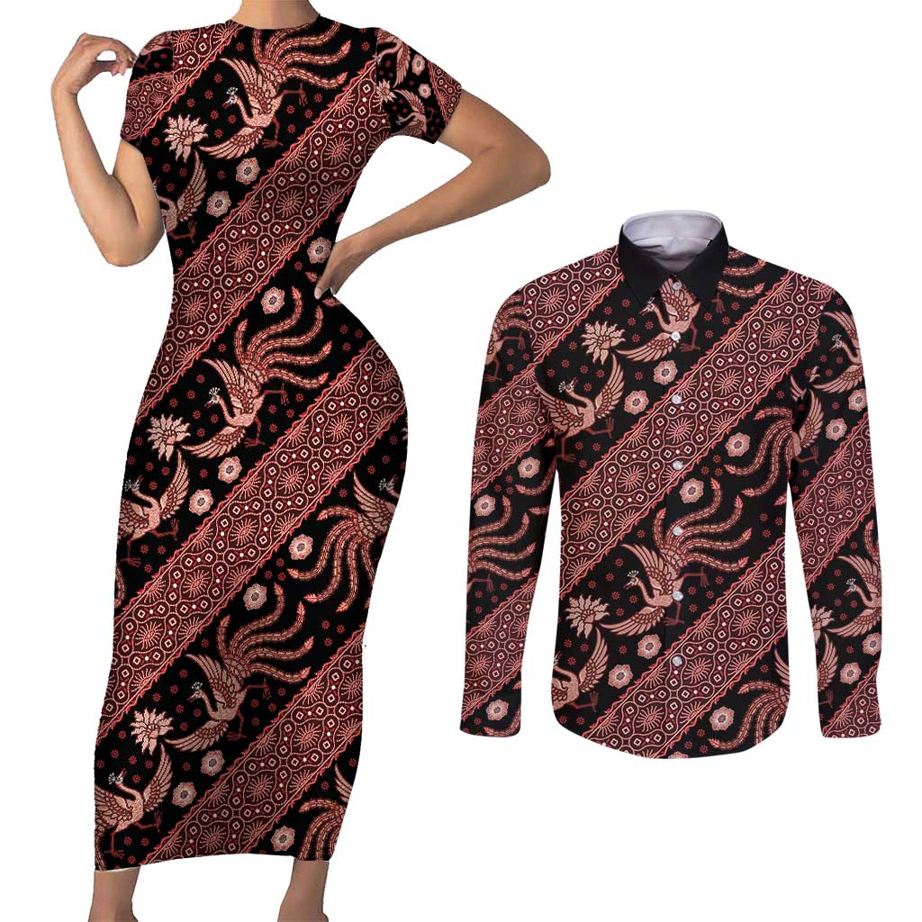 Indonesia Batik Pattern Couples Matching Short Sleeve Bodycon Dress and Long Sleeve Button Shirt Red Version
