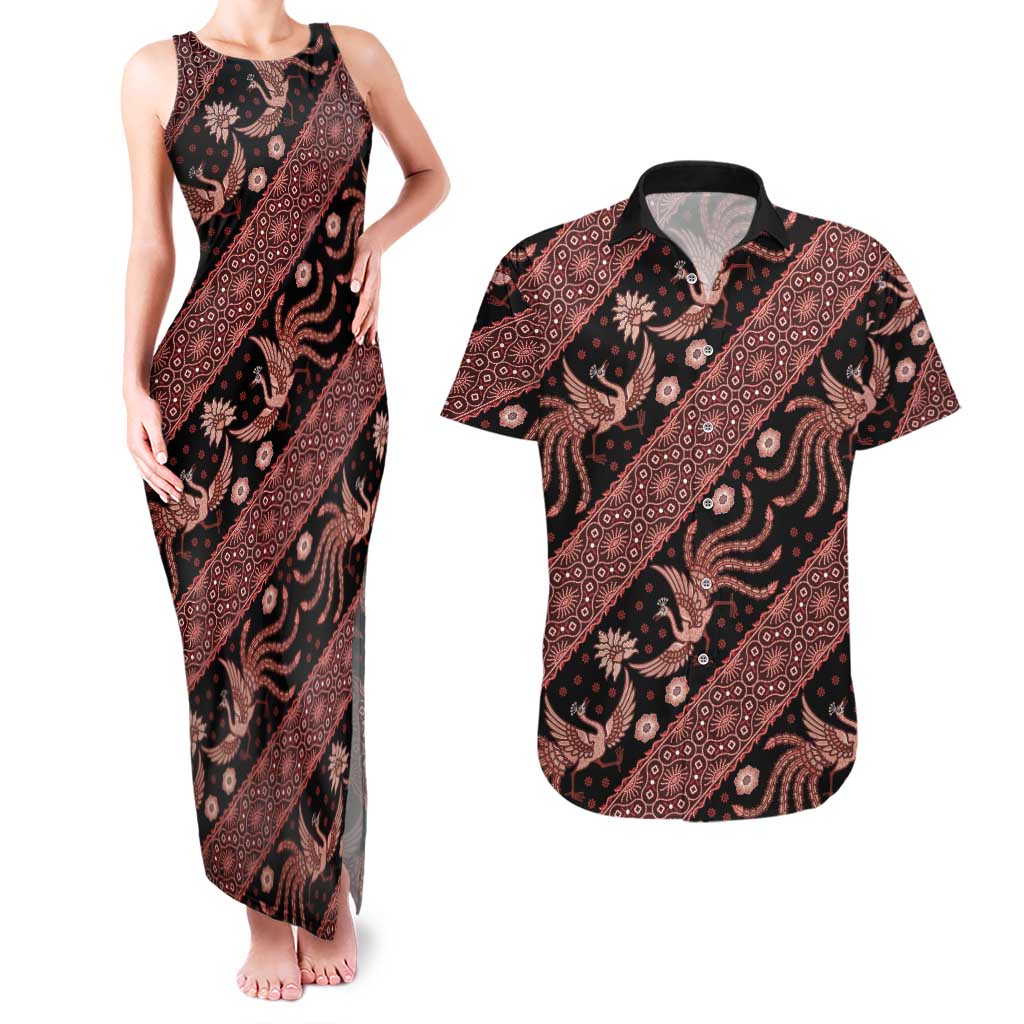 Indonesia Batik Pattern Couples Matching Tank Maxi Dress and Hawaiian Shirt Red Version