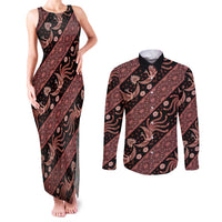 Indonesia Batik Pattern Couples Matching Tank Maxi Dress and Long Sleeve Button Shirt Red Version