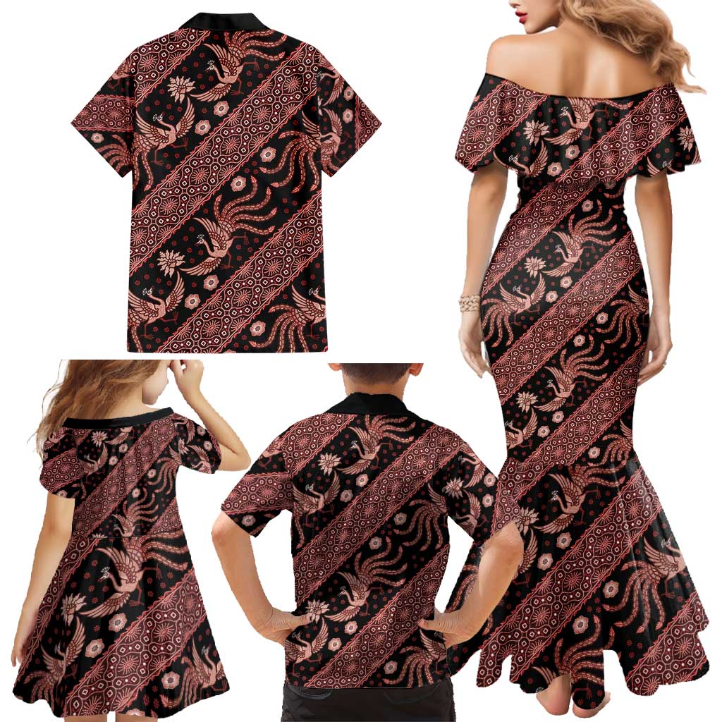 Indonesia Batik Pattern Family Matching Mermaid Dress and Hawaiian Shirt Red Version