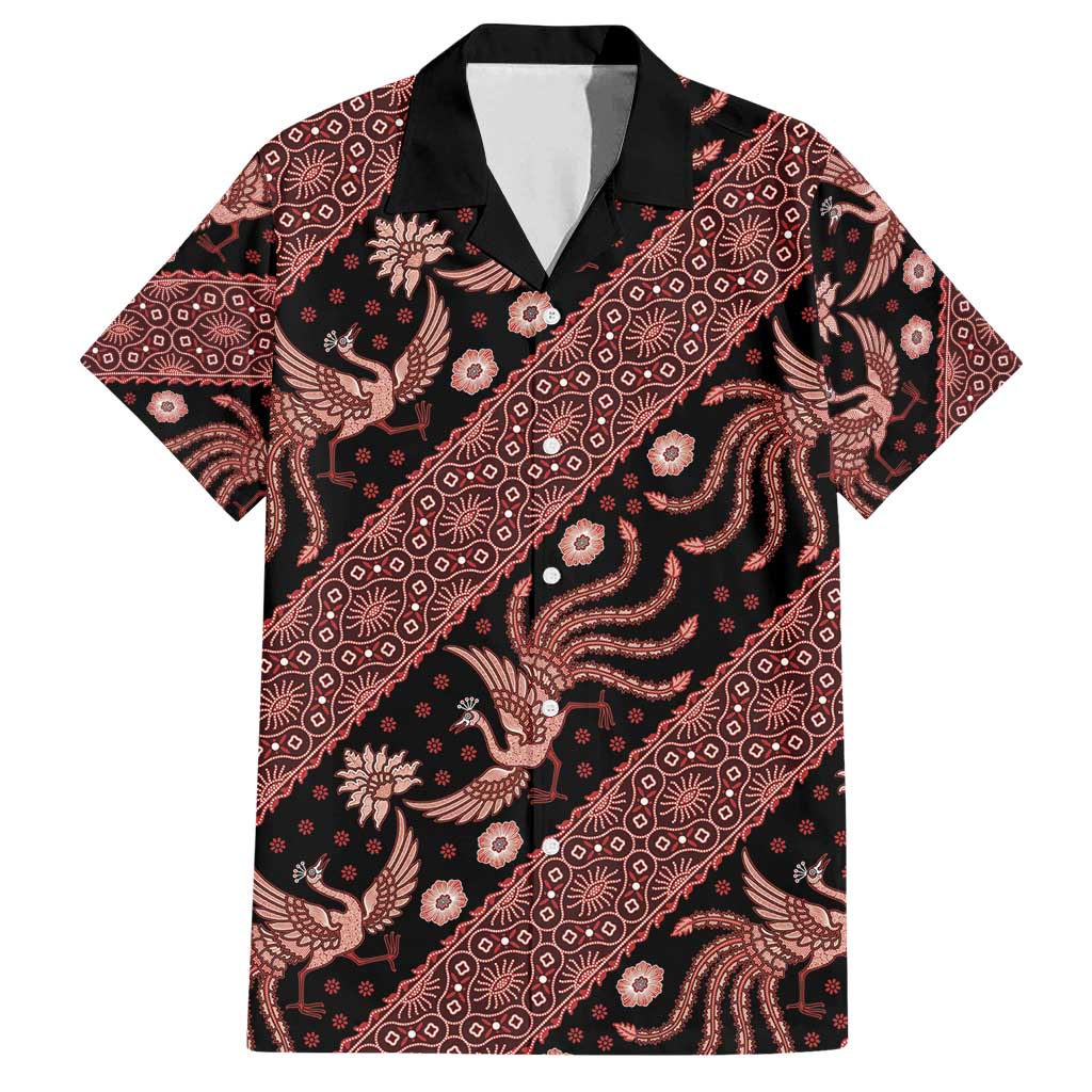 Indonesia Batik Pattern Family Matching Off Shoulder Maxi Dress and Hawaiian Shirt Red Version