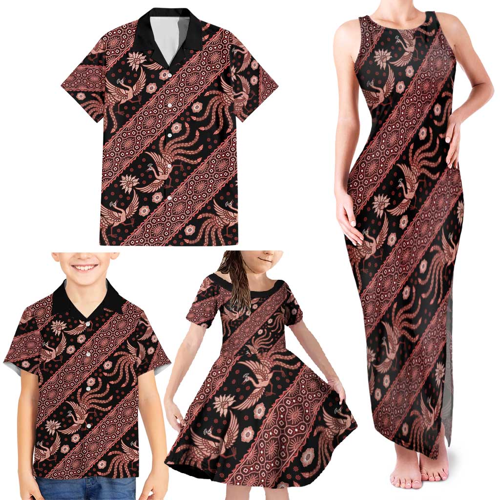 Indonesia Batik Pattern Family Matching Tank Maxi Dress and Hawaiian Shirt Red Version