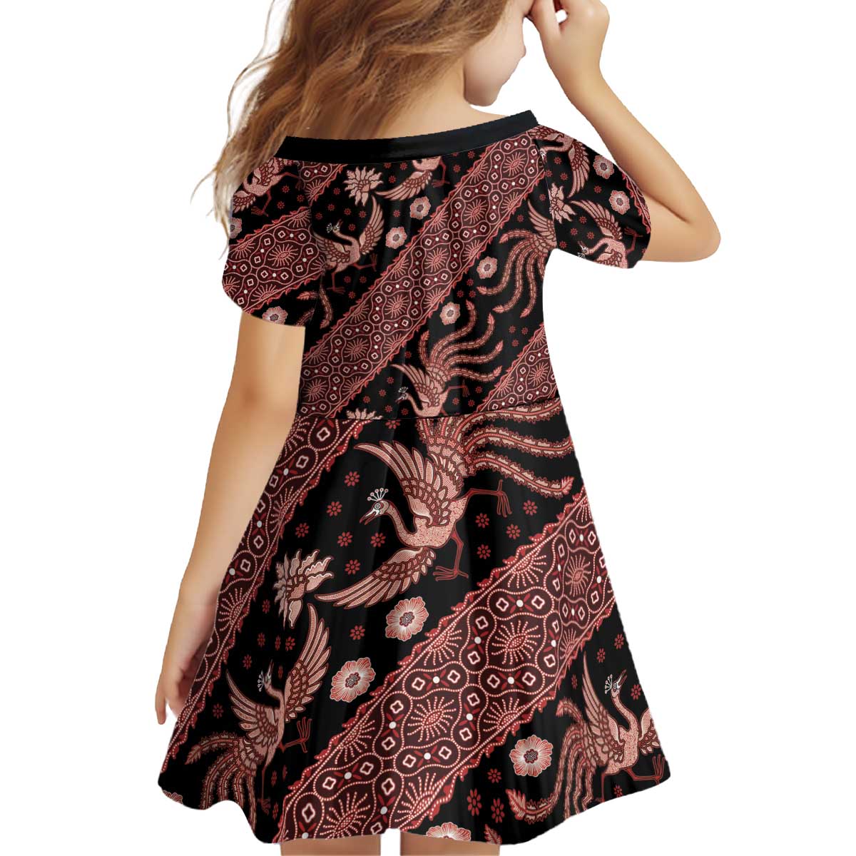 Indonesia Batik Pattern Kid Short Sleeve Dress Red Version