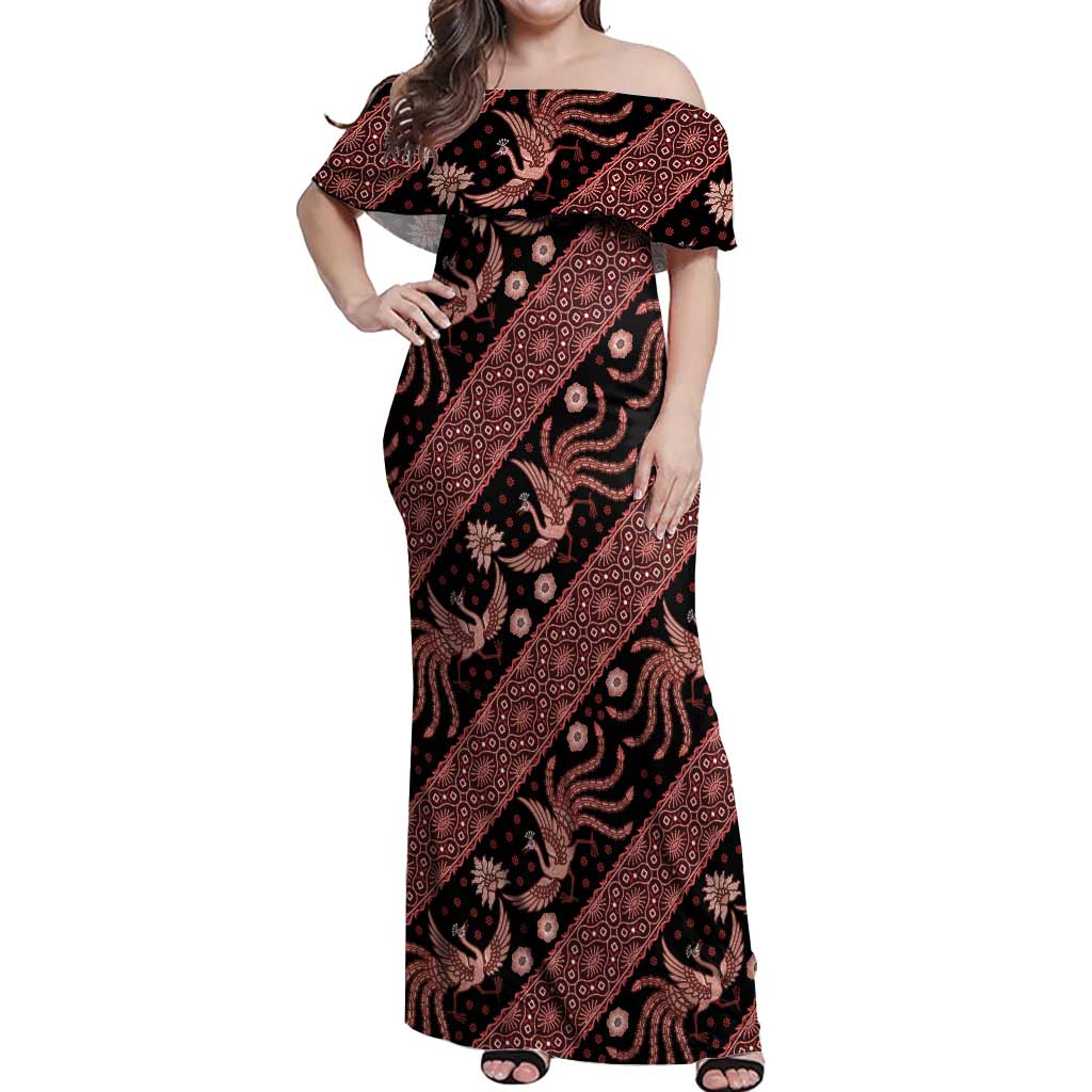 Indonesia Batik Pattern Off Shoulder Maxi Dress Red Version