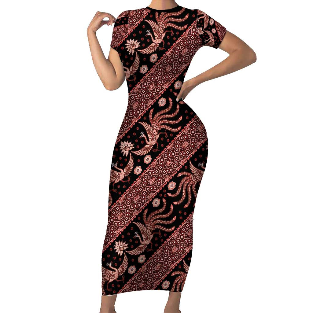 Indonesia Batik Pattern Short Sleeve Bodycon Dress Red Version LT01