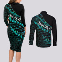 personalised-aotearoa-couples-matching-long-sleeve-bodycon-dress-and-long-sleeve-button-shirts-silver-fern-mix-paua-shell-polynesian-pattern