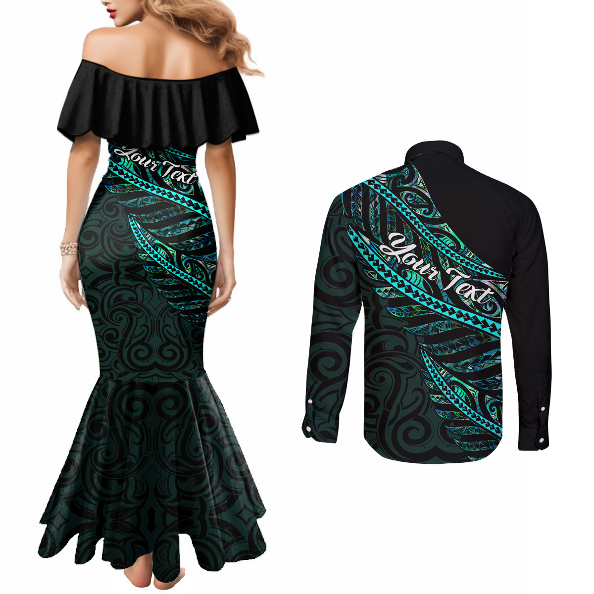personalised-aotearoa-couples-matching-mermaid-dress-and-long-sleeve-button-shirts-silver-fern-mix-paua-shell-polynesian-pattern