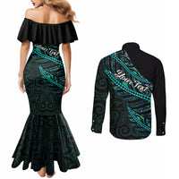personalised-aotearoa-couples-matching-mermaid-dress-and-long-sleeve-button-shirts-silver-fern-mix-paua-shell-polynesian-pattern