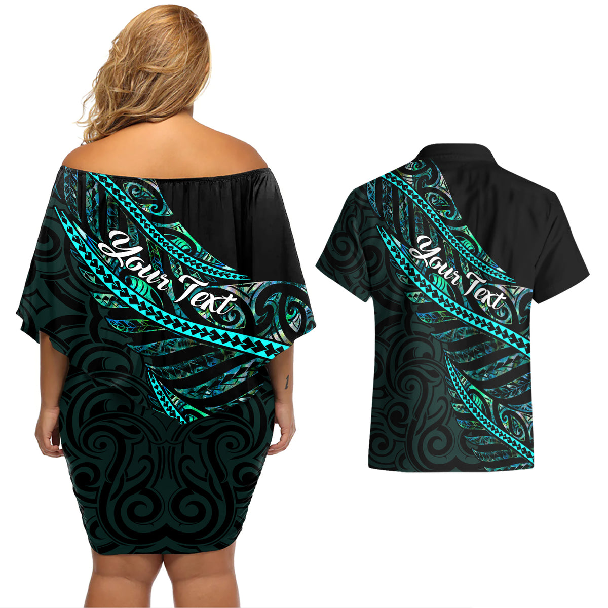 personalised-aotearoa-couples-matching-off-shoulder-short-dress-and-hawaiian-shirt-silver-fern-mix-paua-shell-polynesian-pattern