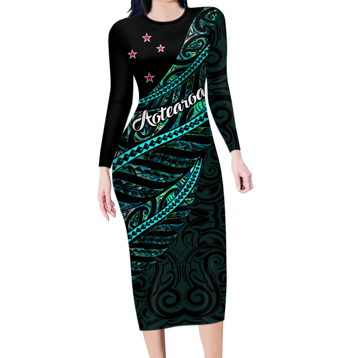 personalised-aotearoa-family-matching-long-sleeve-bodycon-dress-and-hawaiian-shirt-silver-fern-mix-paua-shell-polynesian-pattern