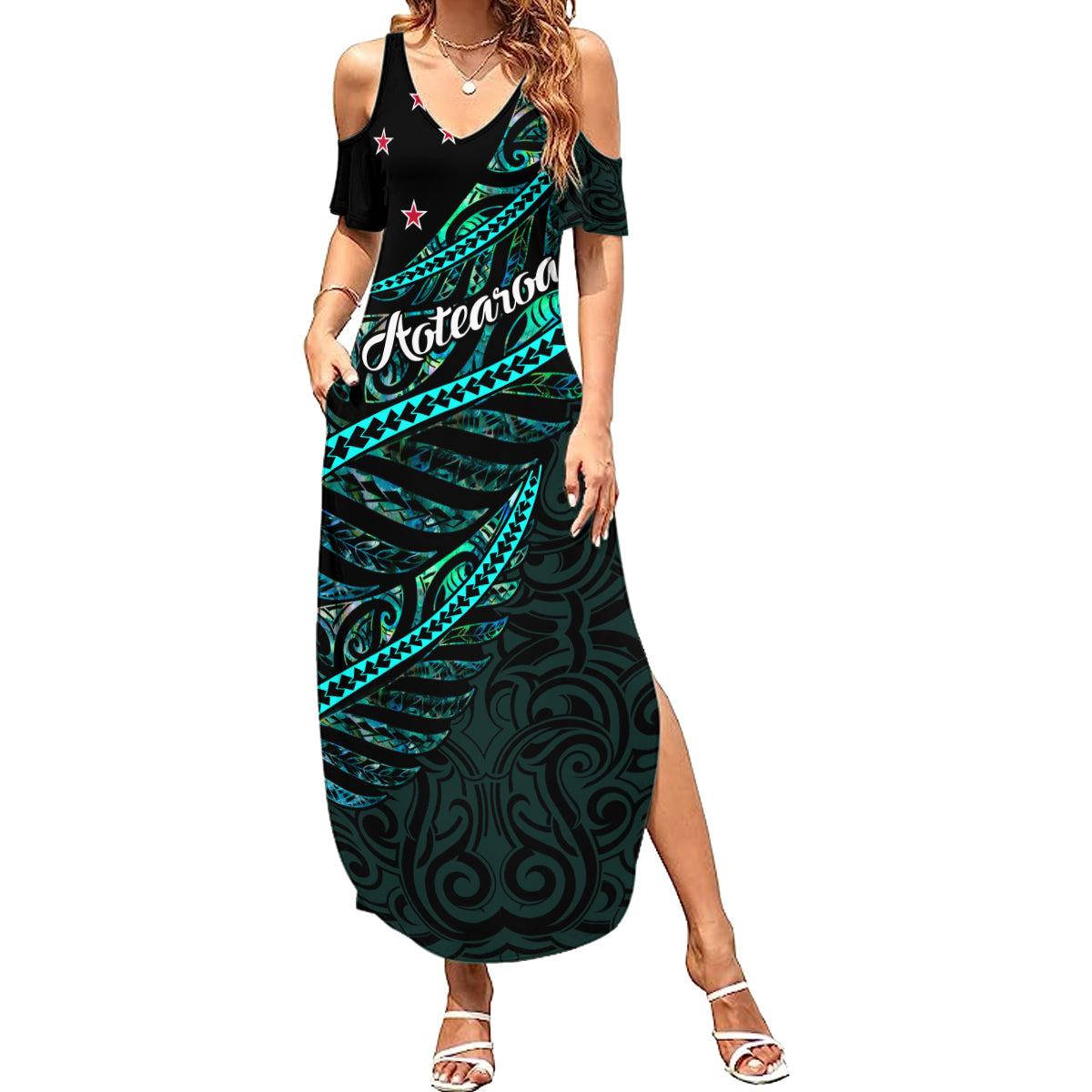 personalised-aotearoa-family-matching-summer-maxi-dress-and-hawaiian-shirt-silver-fern-mix-paua-shell-polynesian-pattern