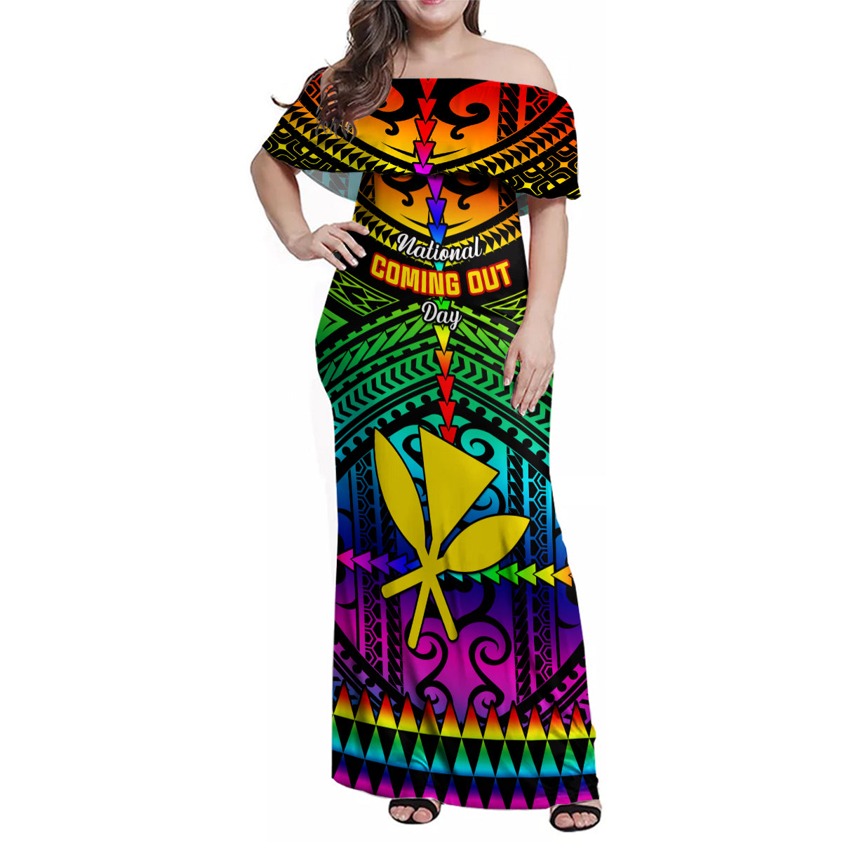 personalised-hawaii-family-matching-off-shoulder-maxi-dress-and-hawaiian-shirt-kanaka-maoli-kakau-2023-national-coming-out-day