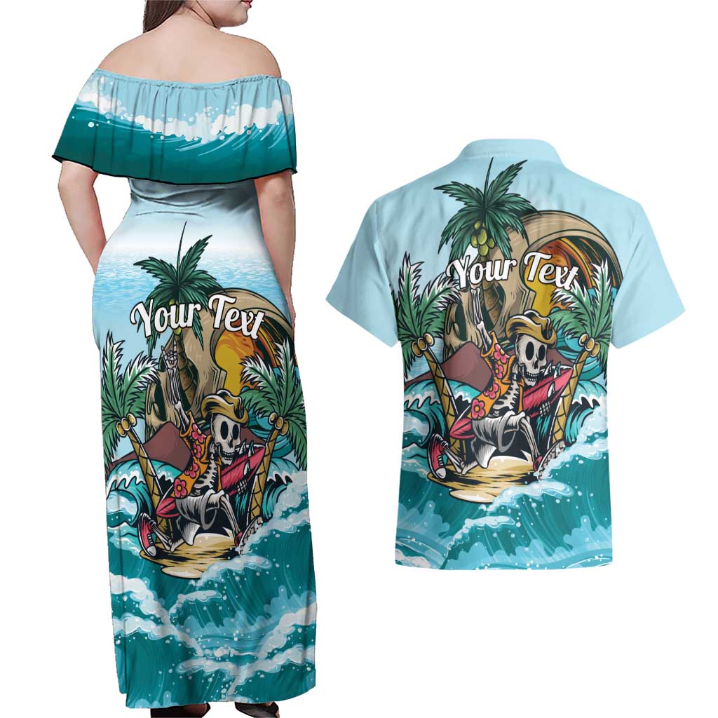 Personalized Aloha Hawaii Skeleton Couples Matching Off Shoulder Maxi Dress and Hawaiian Shirt Tropical Summer Vibe