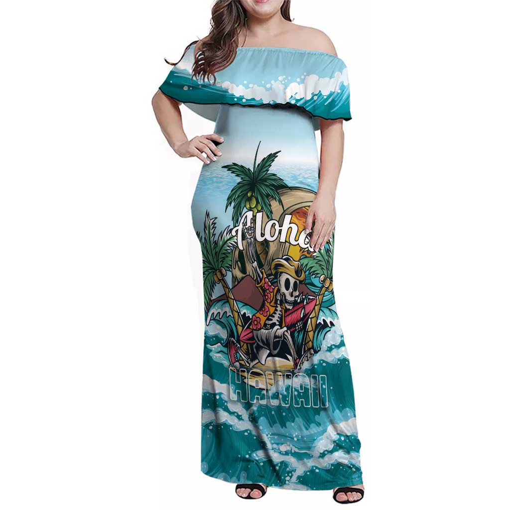 Personalized Aloha Hawaii Skeleton Family Matching Off Shoulder Maxi Dress and Hawaiian Shirt Tropical Summer Vibe