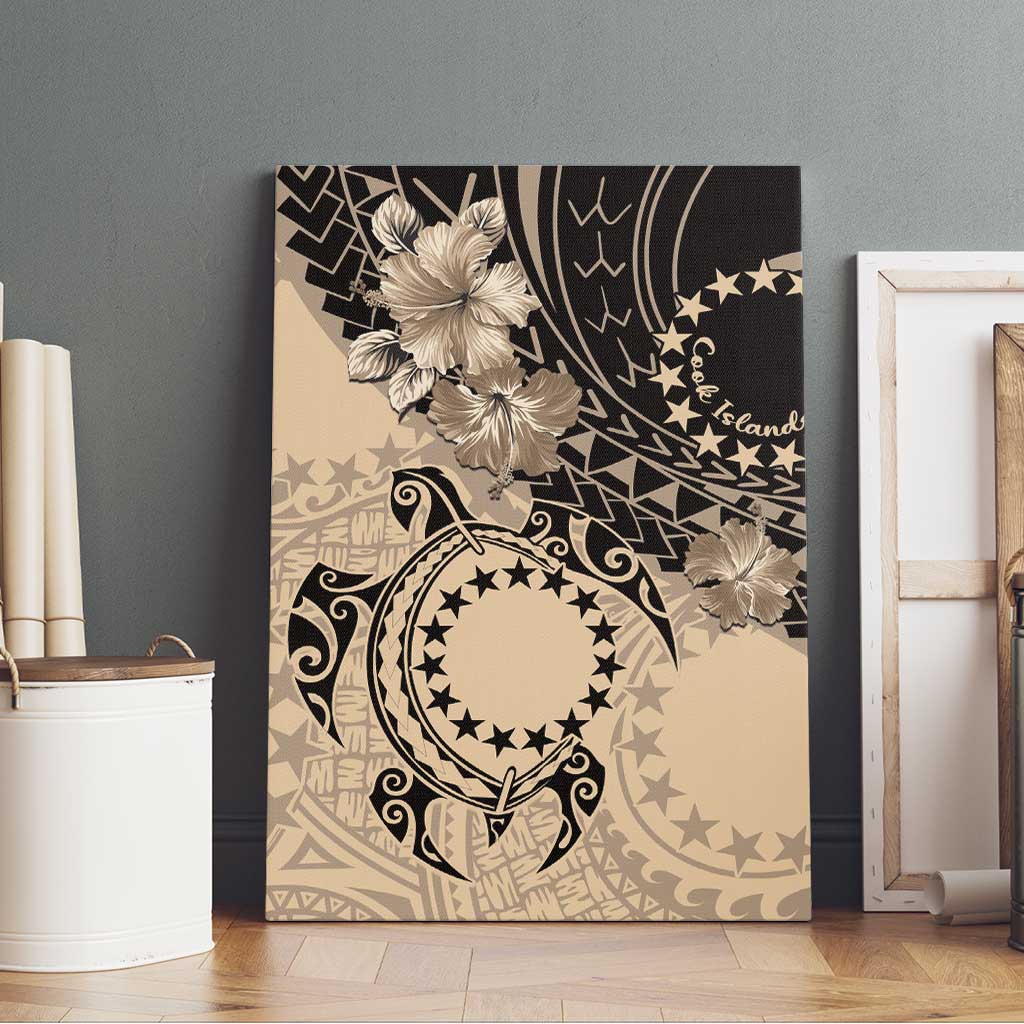 Cook Islands Turtle Canvas Wall Art Stars and Hibiscus - Beige