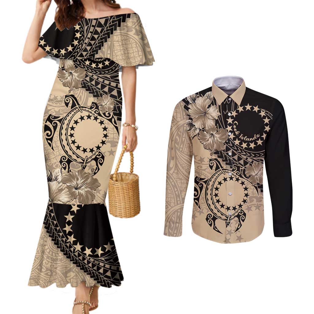 Cook Islands Turtle Couples Matching Mermaid Dress and Long Sleeve Button Shirt Stars and Hibiscus - Beige