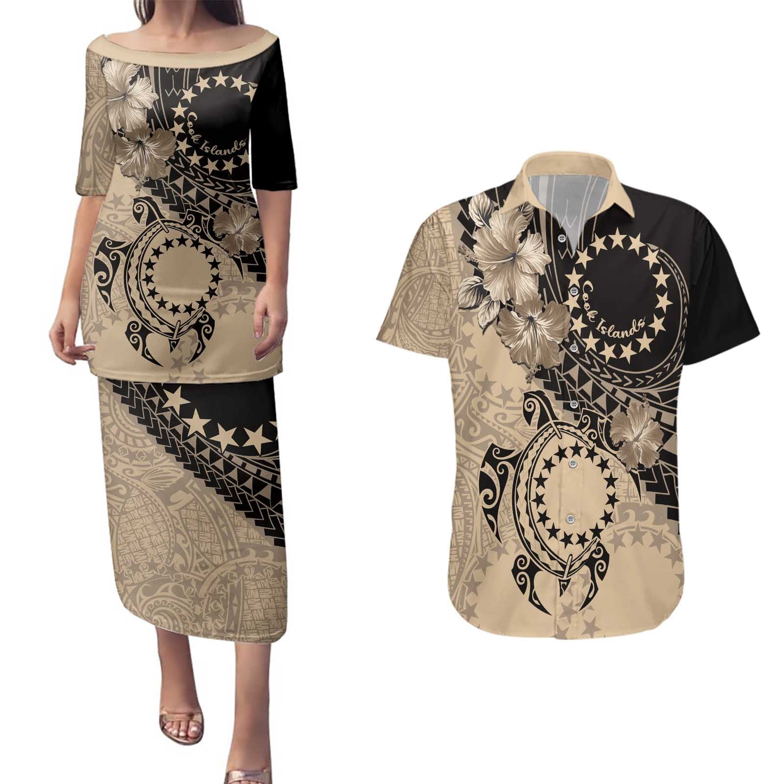 Cook Islands Turtle Couples Matching Puletasi and Hawaiian Shirt Stars and Hibiscus - Beige