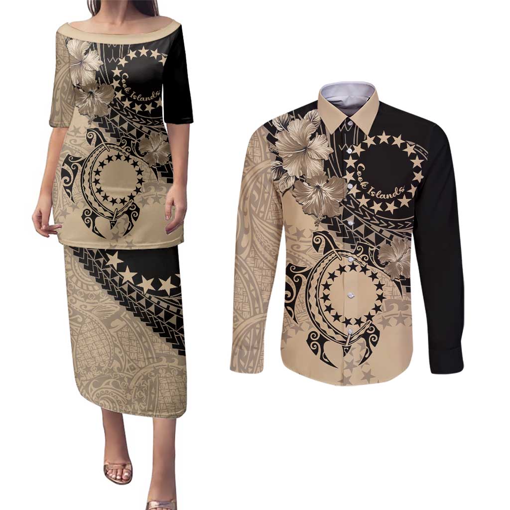 Cook Islands Turtle Couples Matching Puletasi and Long Sleeve Button Shirt Stars and Hibiscus - Beige