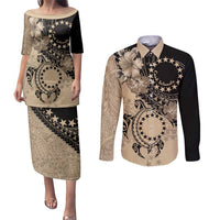Cook Islands Turtle Couples Matching Puletasi and Long Sleeve Button Shirt Stars and Hibiscus - Beige