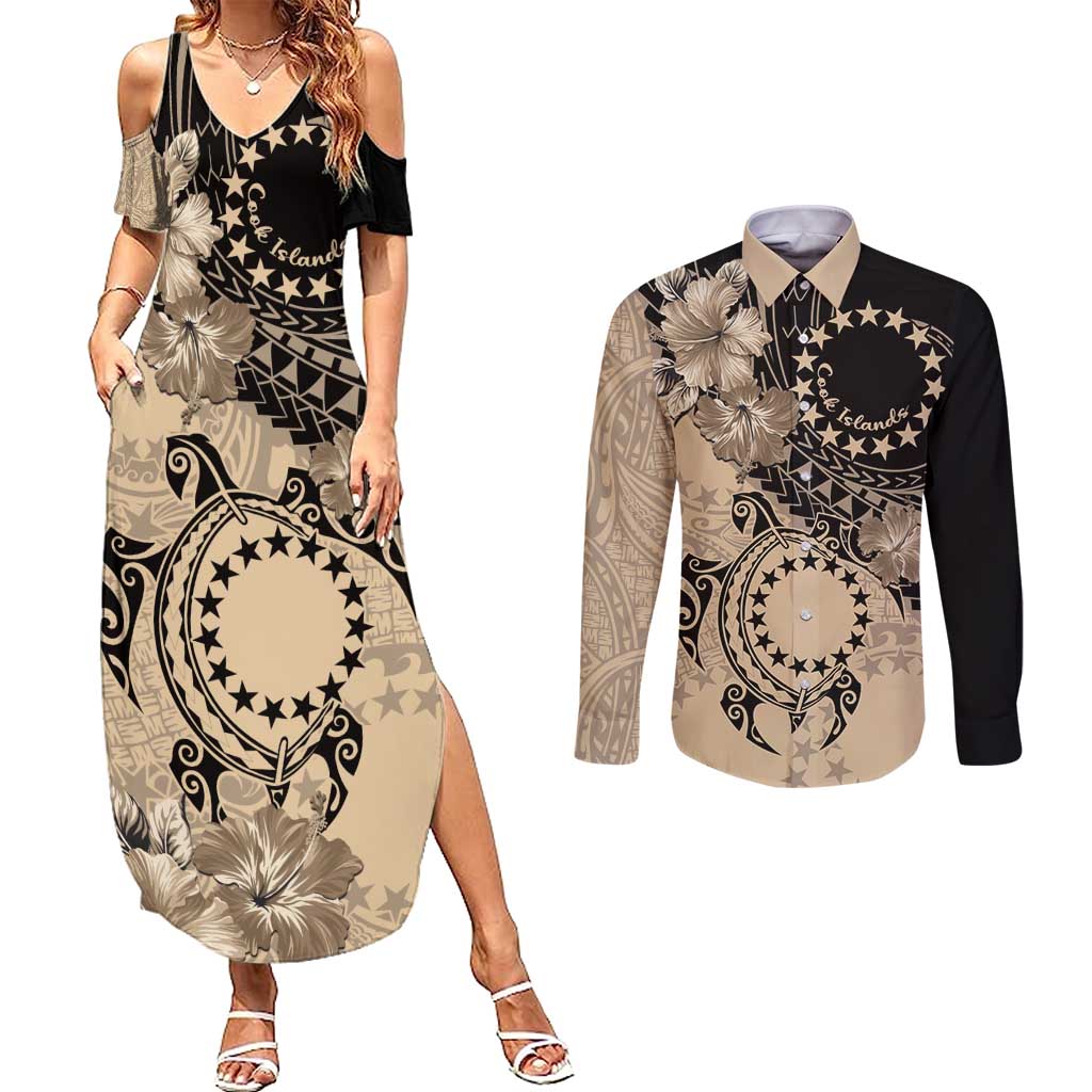 Cook Islands Turtle Couples Matching Summer Maxi Dress and Long Sleeve Button Shirt Stars and Hibiscus - Beige LT01 Beige - Polynesian Pride