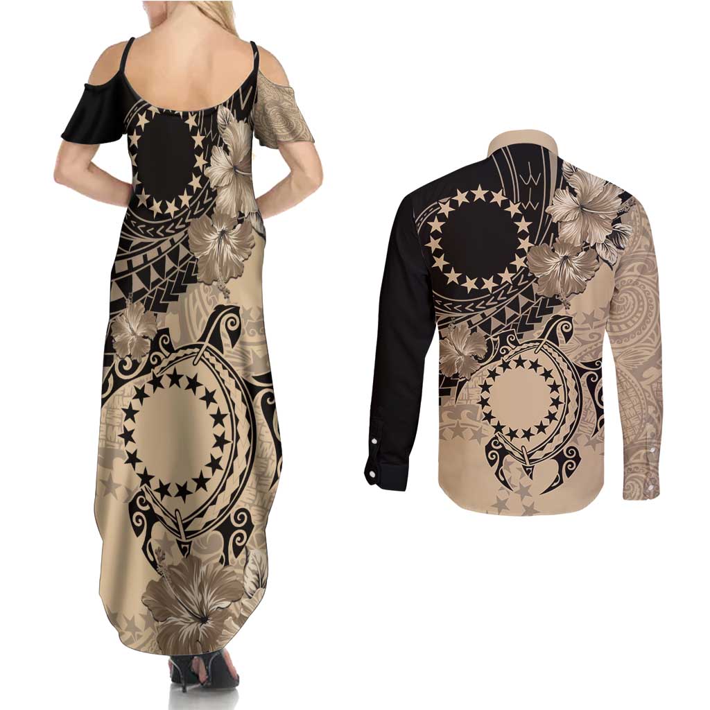 Cook Islands Turtle Couples Matching Summer Maxi Dress and Long Sleeve Button Shirt Stars and Hibiscus - Beige LT01 - Polynesian Pride