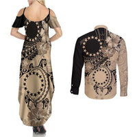 Cook Islands Turtle Couples Matching Summer Maxi Dress and Long Sleeve Button Shirt Stars and Hibiscus - Beige LT01 - Polynesian Pride