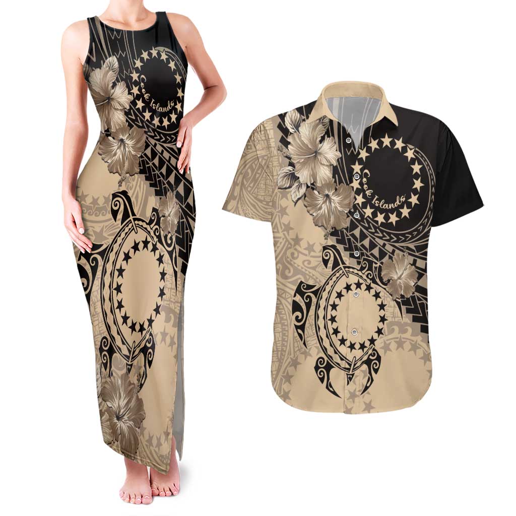 Cook Islands Turtle Couples Matching Tank Maxi Dress and Hawaiian Shirt Stars and Hibiscus - Beige