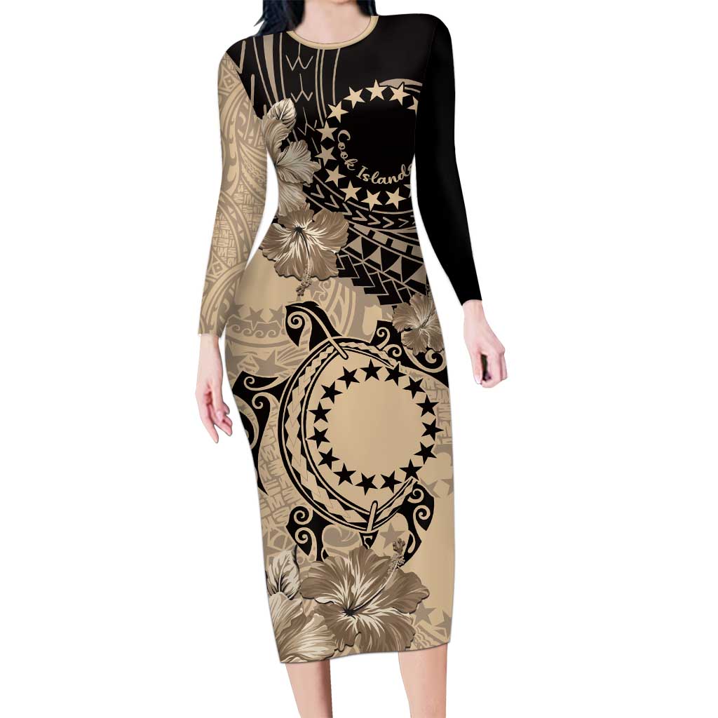 Cook Islands Turtle Family Matching Long Sleeve Bodycon Dress and Hawaiian Shirt Stars and Hibiscus - Beige