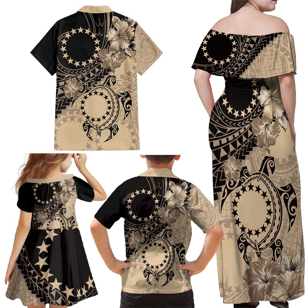 Cook Islands Turtle Family Matching Off Shoulder Maxi Dress and Hawaiian Shirt Stars and Hibiscus - Beige
