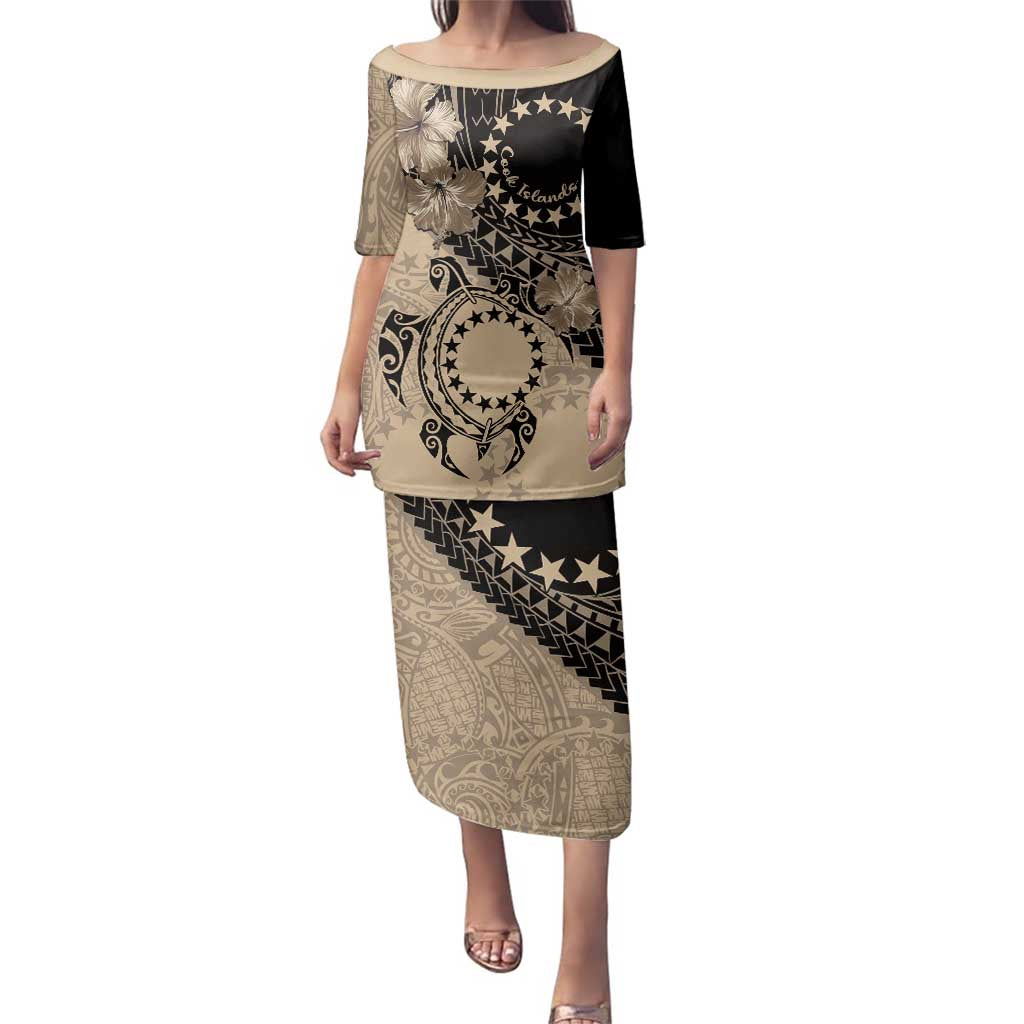 Cook Islands Turtle Family Matching Puletasi and Hawaiian Shirt Stars and Hibiscus - Beige
