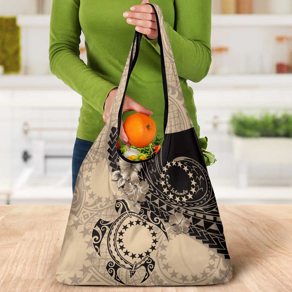 Cook Islands Turtle Grocery Bag Stars and Hibiscus - Beige