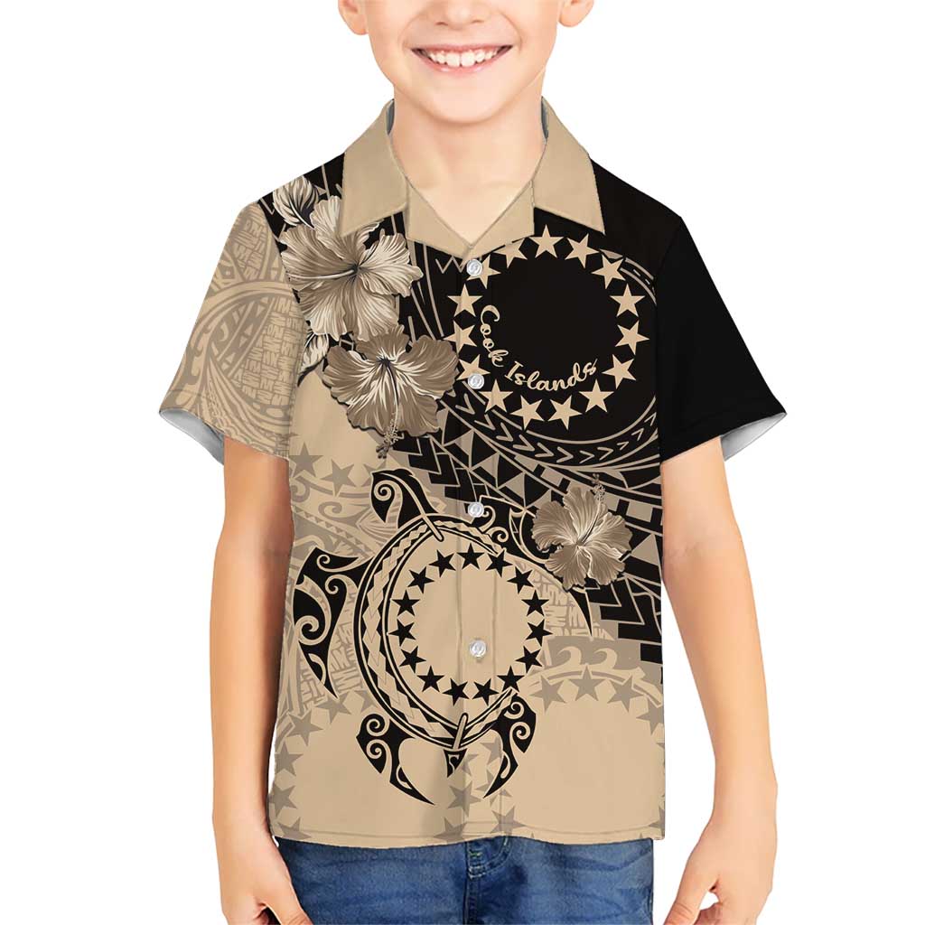 Cook Islands Turtle Kid Hawaiian Shirt Stars and Hibiscus - Beige LT01 Kid Beige - Polynesian Pride