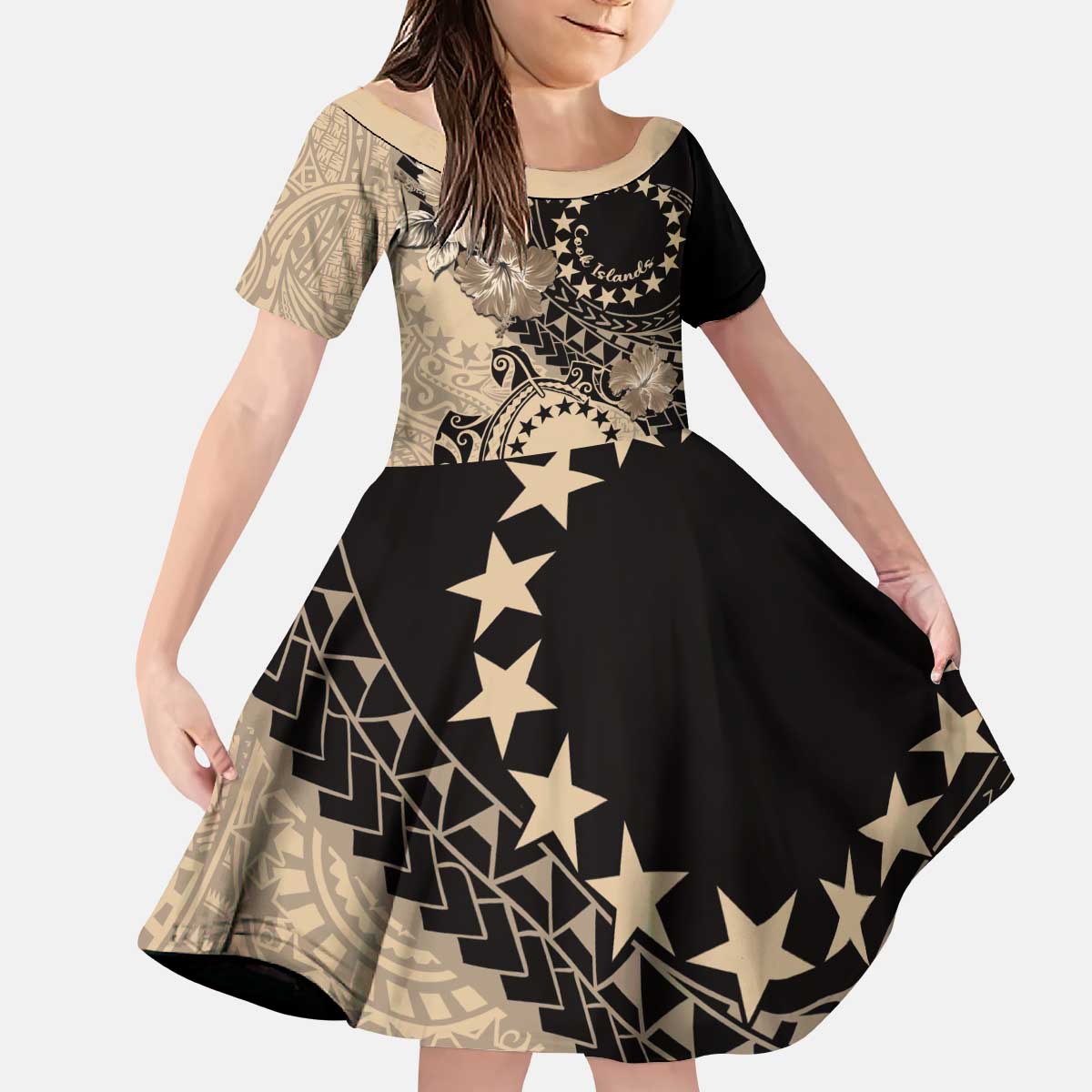Cook Islands Turtle Kid Short Sleeve Dress Stars and Hibiscus - Beige LT01 KID Beige - Polynesian Pride