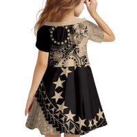Cook Islands Turtle Kid Short Sleeve Dress Stars and Hibiscus - Beige LT01 - Polynesian Pride
