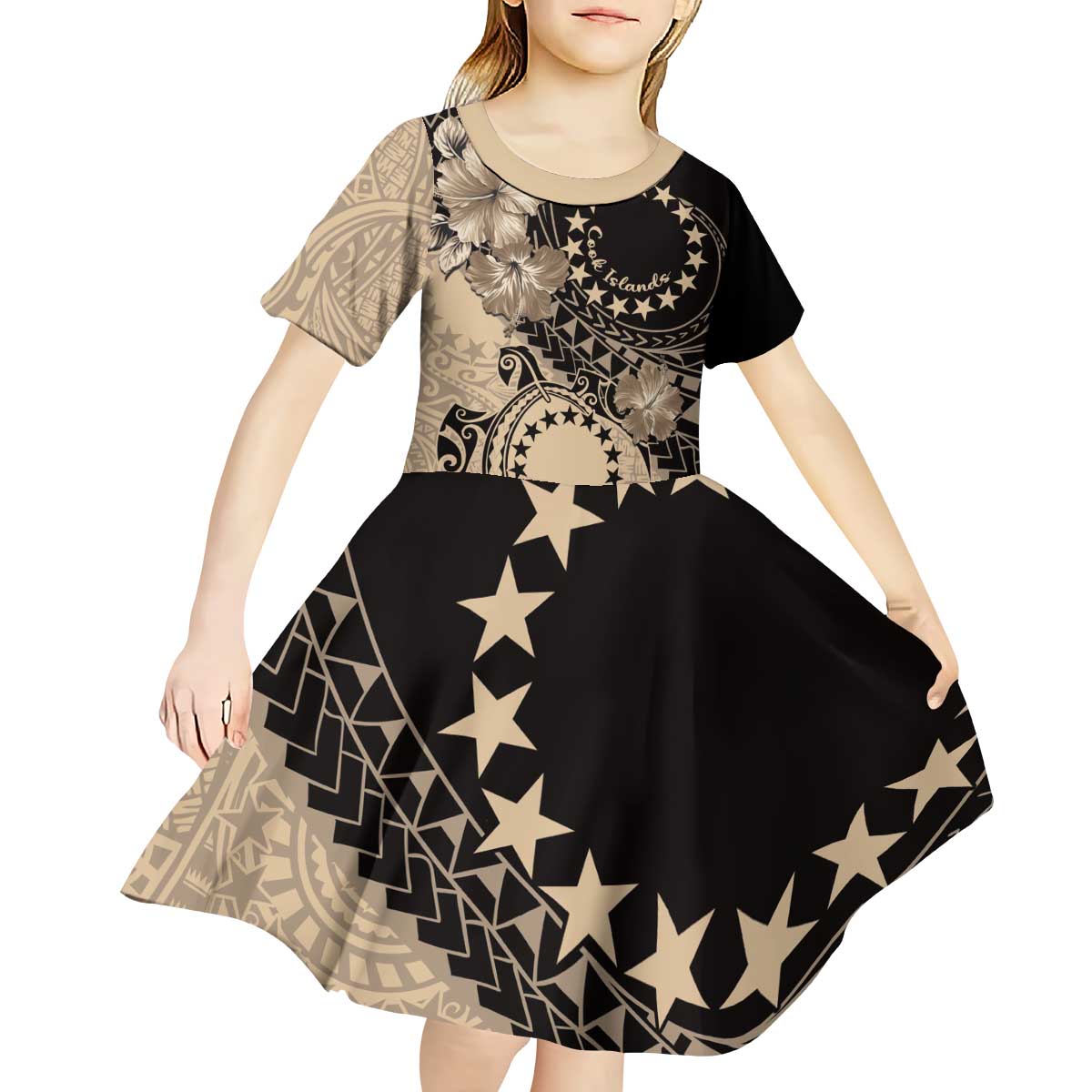 Cook Islands Turtle Kid Short Sleeve Dress Stars and Hibiscus - Beige LT01 - Polynesian Pride
