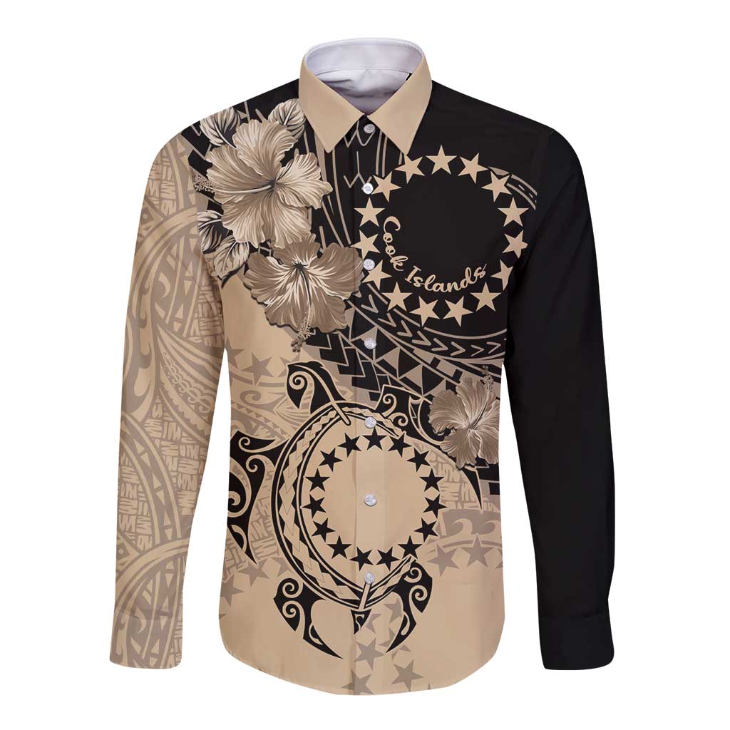 Cook Islands Turtle Long Sleeve Button Shirt Stars and Hibiscus - Beige