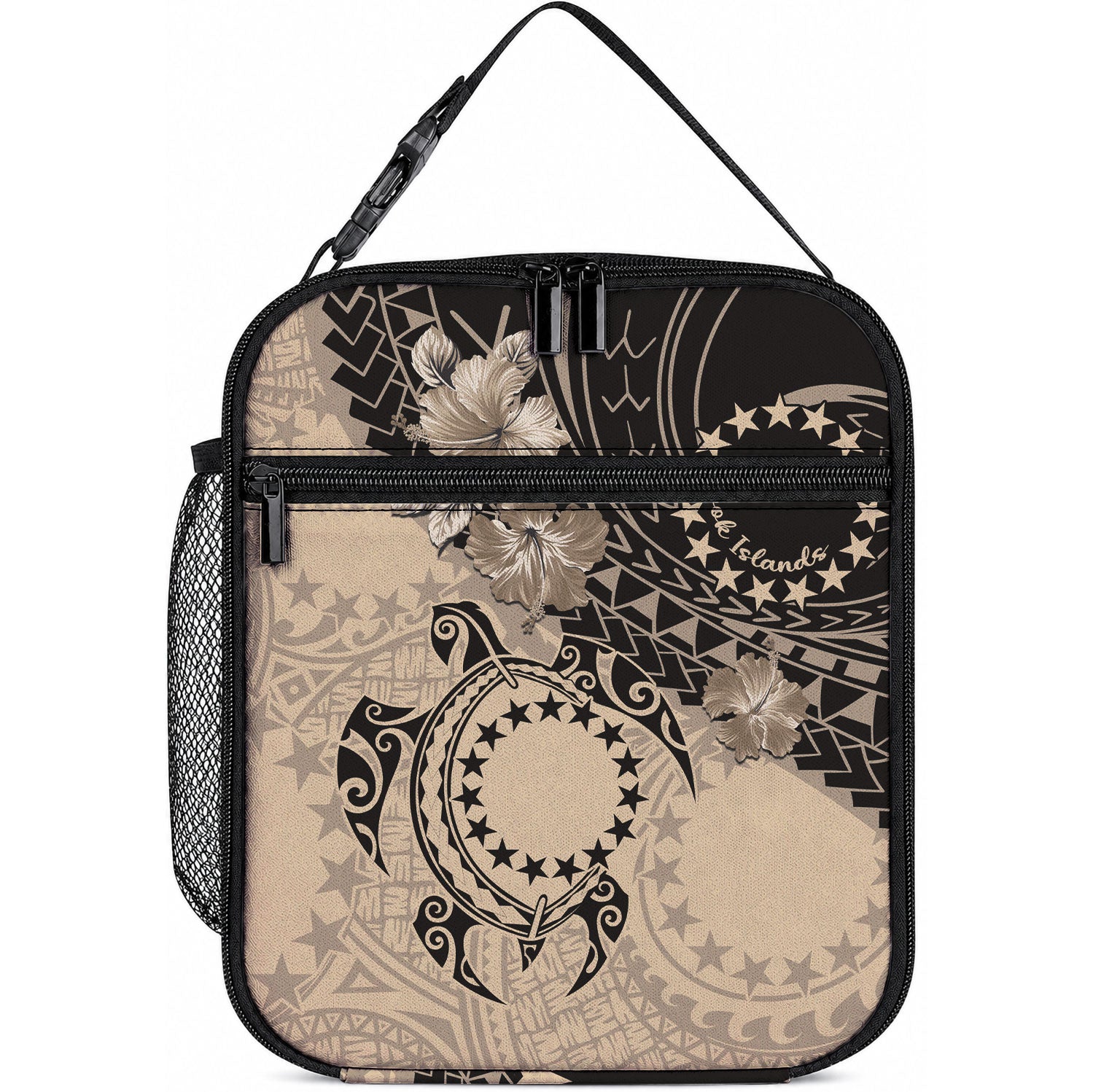 Cook Islands Turtle Lunch Bag Stars and Hibiscus - Beige LT01 10.2 × 8.3 × 4.3 inch Beige - Polynesian Pride