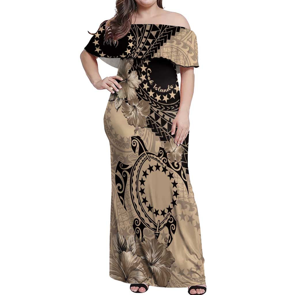 Cook Islands Turtle Off Shoulder Maxi Dress Stars and Hibiscus - Beige LT01 Women Beige - Polynesian Pride