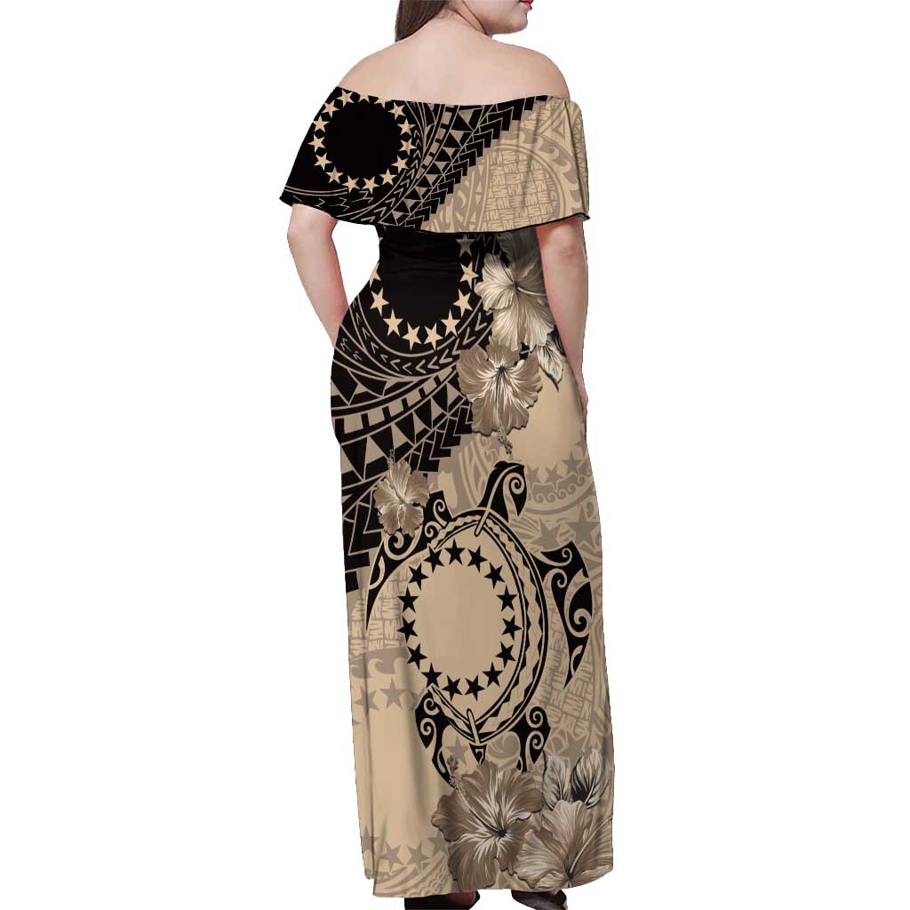 Cook Islands Turtle Off Shoulder Maxi Dress Stars and Hibiscus - Beige LT01 - Polynesian Pride