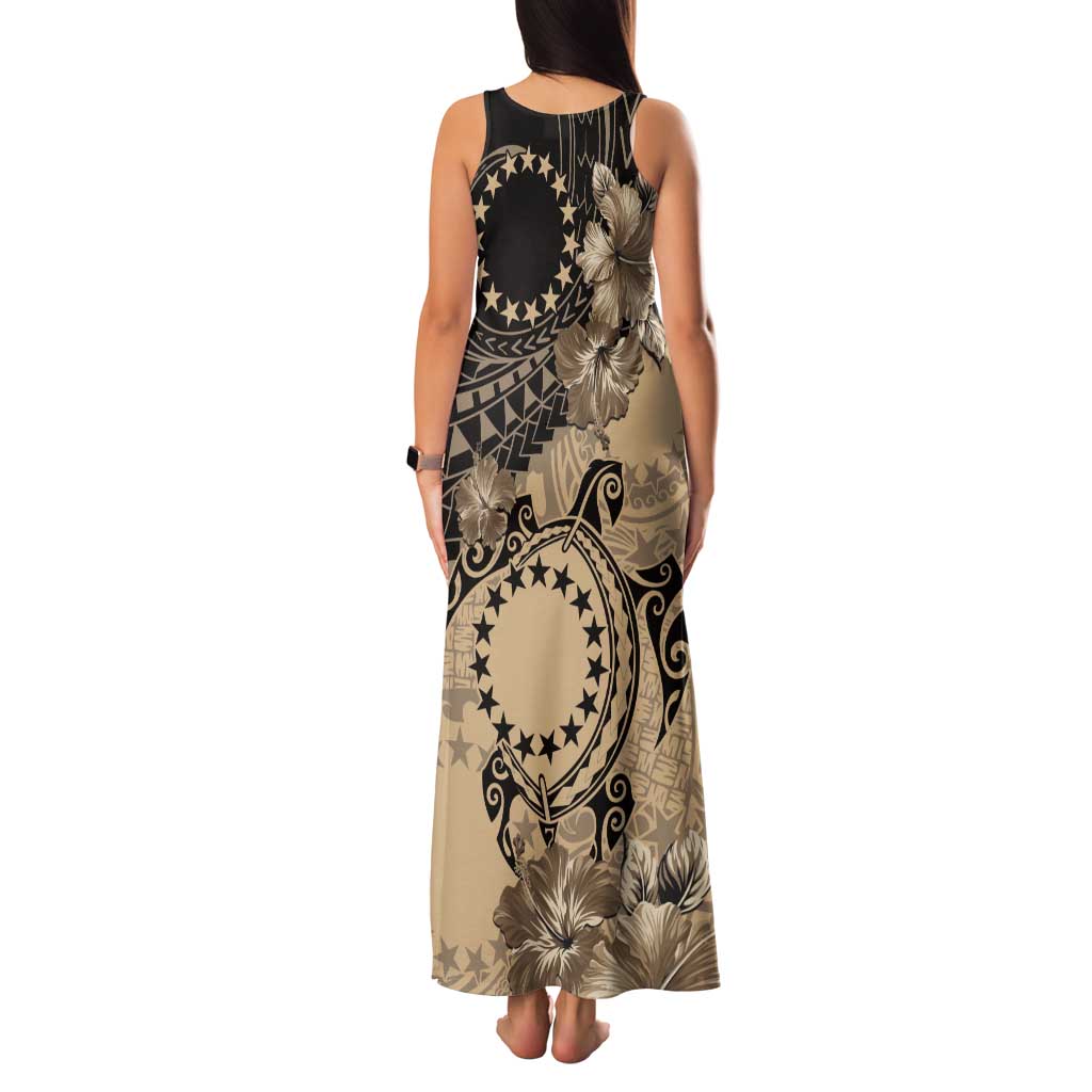 Cook Islands Turtle Tank Maxi Dress Stars and Hibiscus - Beige