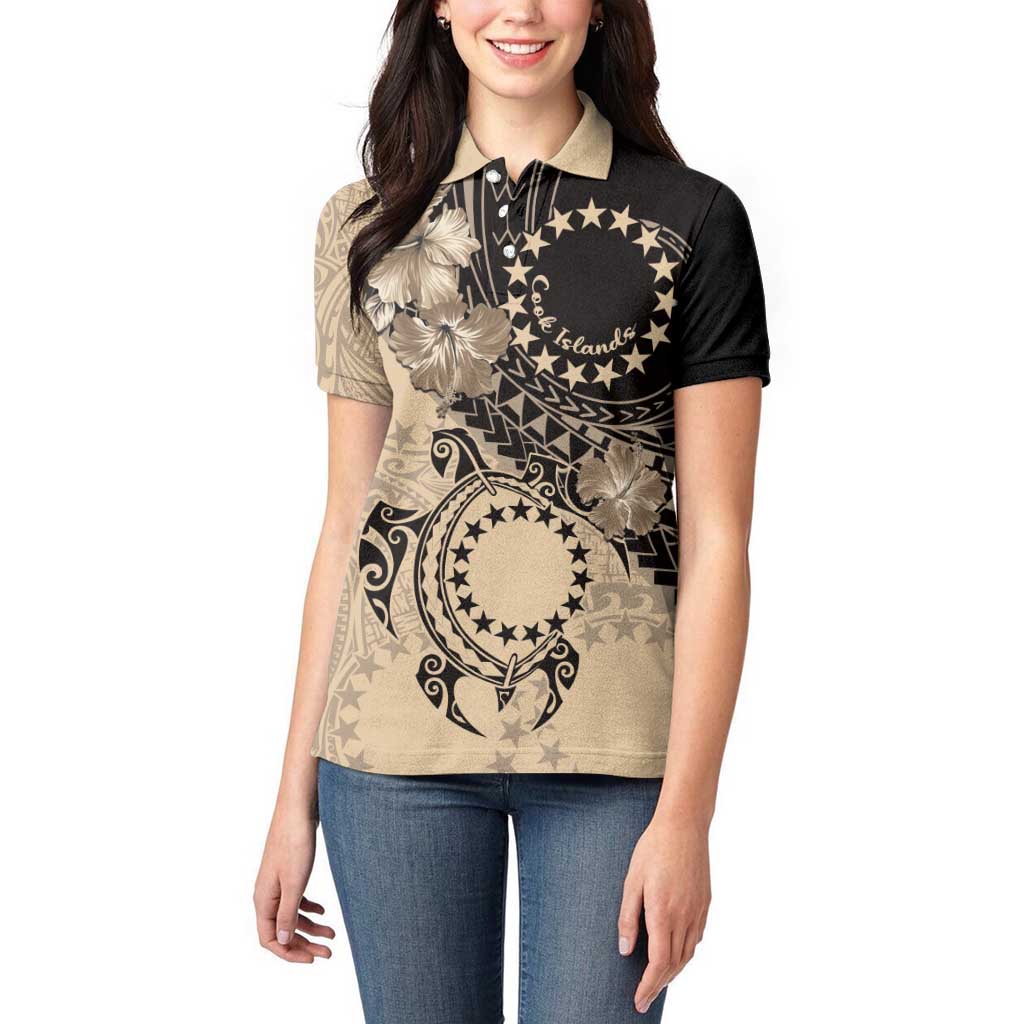 Cook Islands Turtle Women Polo Shirt Stars and Hibiscus - Beige