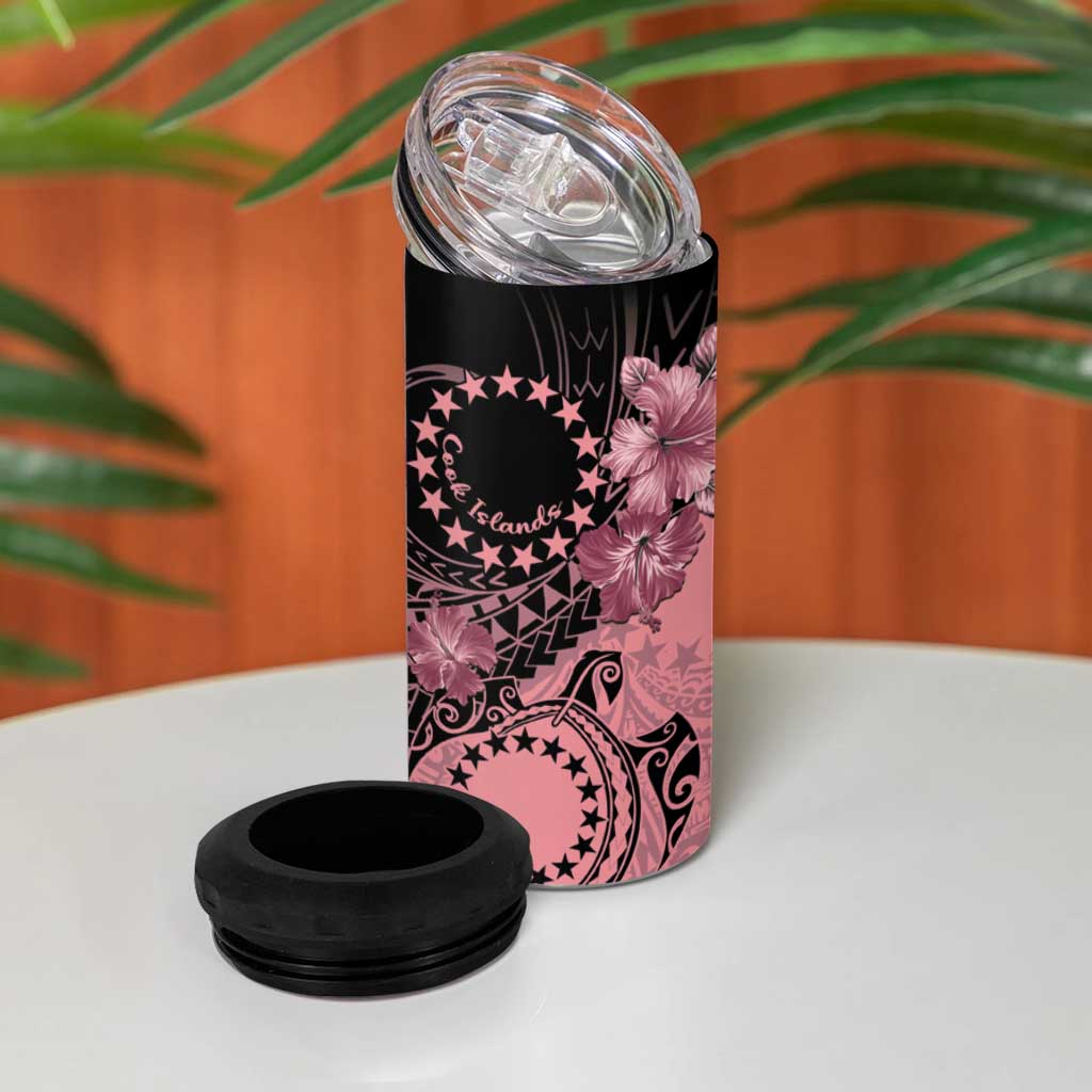 Cook Islands Turtle 4 in 1 Can Cooler Tumbler Stars and Hibiscus - Pink