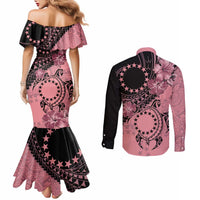 Cook Islands Turtle Couples Matching Mermaid Dress and Long Sleeve Button Shirt Stars and Hibiscus - Pink