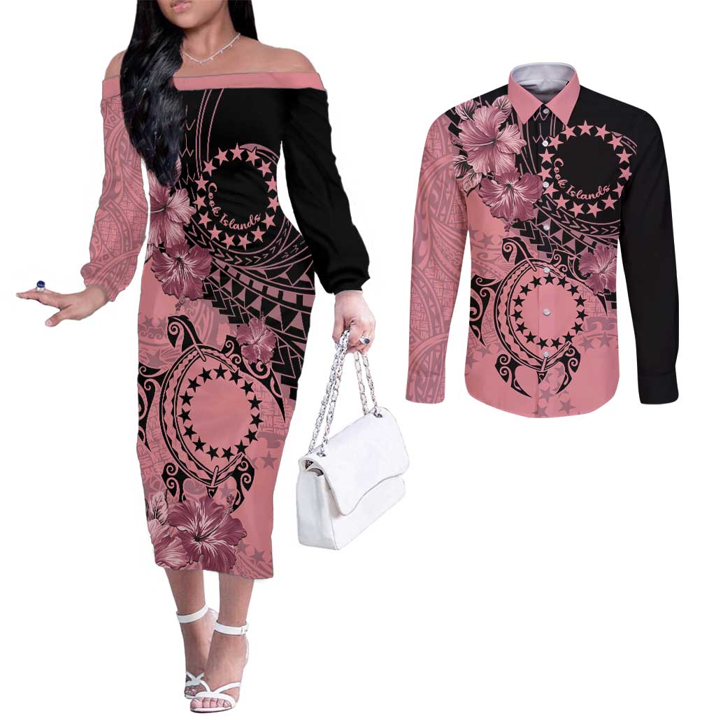 Cook Islands Turtle Couples Matching Off The Shoulder Long Sleeve Dress and Long Sleeve Button Shirt Stars and Hibiscus - Pink